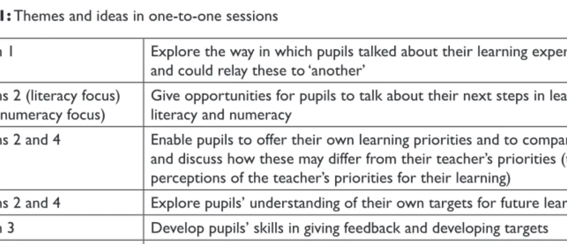 Table 1: Themes and ideas in one-to-one sessions