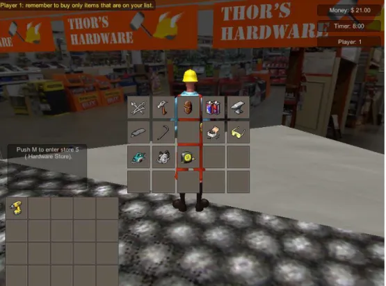Figure 8. Example of user interface with game timer, amount of money left, player name (upper  right corner), and example of feedback given (upper left corner)