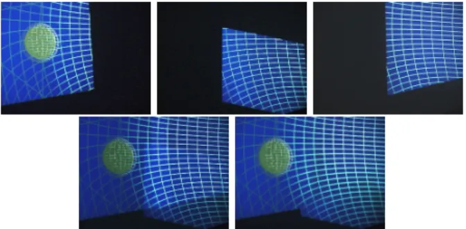 Figure 7 shows a portion of our setup with three projec- projec-tors forming a seamless panoramic image