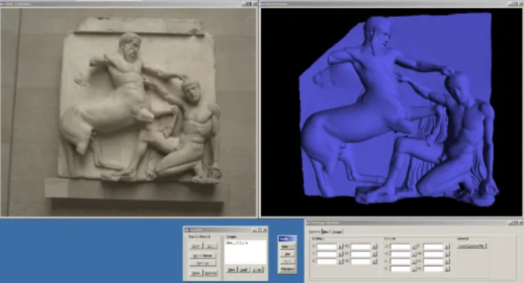 Figure 10: High-resolution mesh loaded into Fac¸ade v2.0. Af- Af-ter specifying the correspondence between image points and world points, the computer can solve for the camera position.