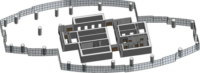 Figure 5: BIM system for the 5th floor showing the internal wall partitions, the exterior curtain wall system, the structural columns and the different types of doors guiding egress routes