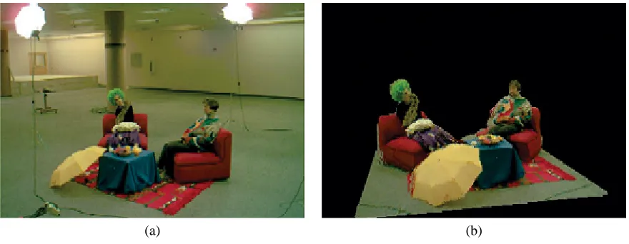 Figure 1: One of 24 reference views of our “Ceevah” data set (a) and a new view synthesized after scene reconstruction (b).