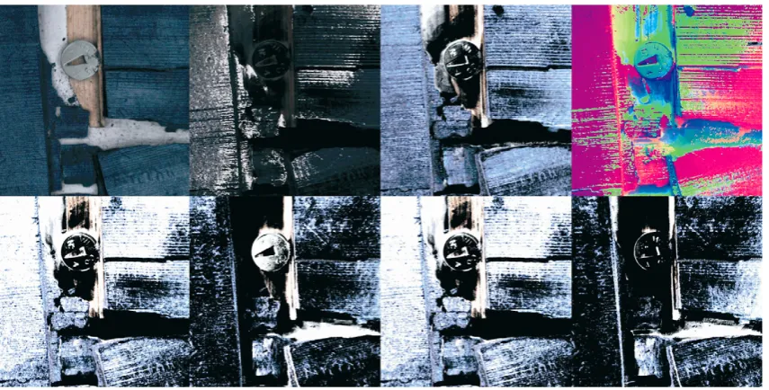 Fig. 3. Clockwise from top left e wood fragment visualised in PTM format with ﬂat light, specular enhancement, diffuse gain and with surface normals and with directional rakinglights (from right, below, left and above).