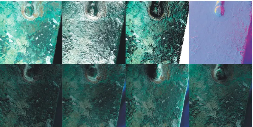 Fig. 5. Clockwise from top left e Bronze Ram surface visualised in PTM format with ﬂat light, specular enhancement, diffuse gain and with surface normals and with directionalraking lights (from right, below, left and above).