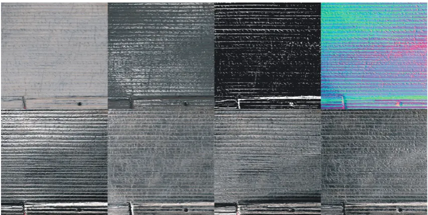 Fig. 6. Clockwise from top left e Vindolanda tablet visualised in PTM format with ﬂat light, specular enhancement, diffuse gain and with surface normals and with directionalraking lights (from right, below, left and above).