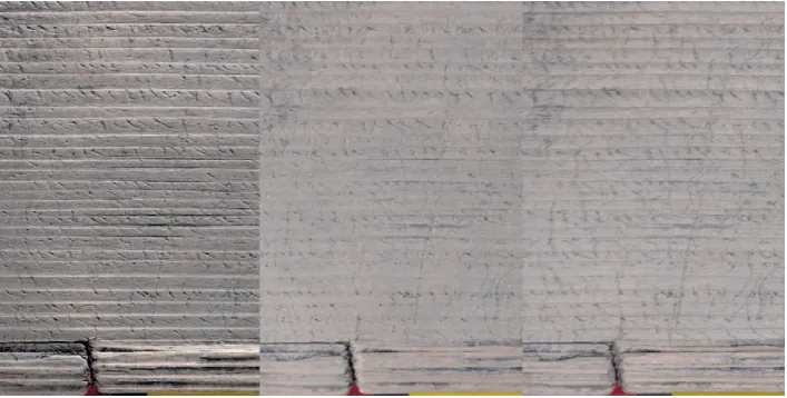 Fig. 7. A Vindolanda Tablet indicating, from left to right, the high, medium and low entropy views automatically extracted from the PTM.