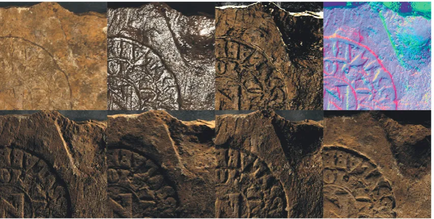 Fig. 9. Clockwise from top left e Portus brick stamp in PTM format with ﬂat light, specular enhancement, diffuse gain and with surface normals and with directional raking lights(from right, below, left and above).
