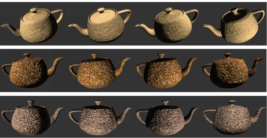 Fig. 2.Bottom: Synthetic sponge material with varying reﬂectance function per textel. Top: Synthetic sponge without reﬂectance functions (conventionaltexture map).
