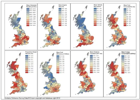 Figure 2: Spatial variations in key vehicle parameters across postcode areas  