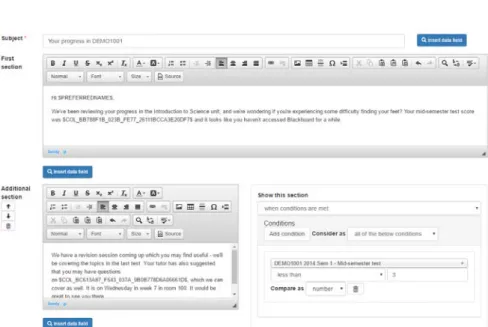 Fig 10.4. Screenshot of part of the messaging interface and engine. Fully customizable messages  could be personalized using students’ own data, and sections could be variably included based on  conditions in the available data