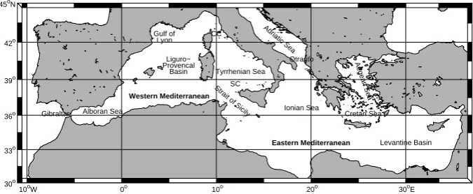 Fig. 1. Main basins and straits in the Mediterranean Sea mentioned in this article (CC = Corsica Channel, SC = Sardinia Channel)