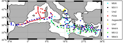Fig. 3. The locations of all stations with tracer measurements ofall cruises used in this work are shown: M5/6 in 1987, M31/1 in1995, Ura2 in 1997, P234 in 1997, Aegaeo98 in 1998, Ura7 in 1999,M44/4 in 1999, M51/2 in 2001 and M84/3 in 2011.