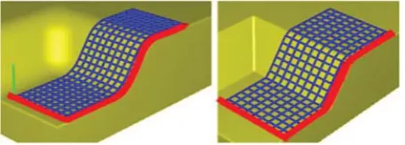 Figure 2(Left) Virtual fabric placement (VFP) diagram ofTask 1 and (Right) Task 2 (red line; starting point; blue: noshear deformation) (not to scale)