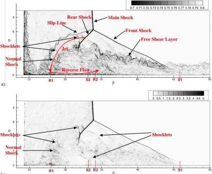 Figure 10  Instantaneous numerical schlieren (a) and pressure gradient field (b) on the 3-D spherical arc section at 
