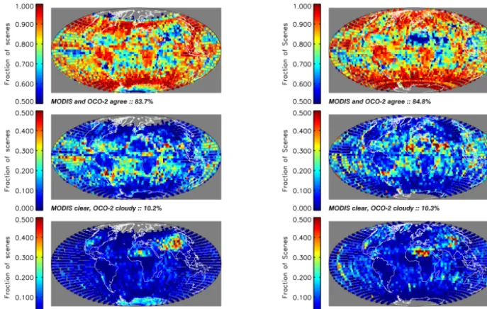 Figure 6. Combined glint and nadir gridded contingency table data for December (left column) and April–May (right column)