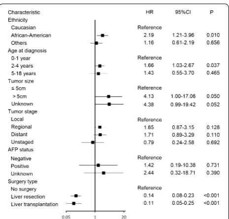 Fig. 2 Kaplan–Meier overall survival curves of hepatoblastoma patients stratified by ethnicity (a), age at diagnosis (b), tumor stage (c), tumor size (d), AFP status (e), and treatment (f)