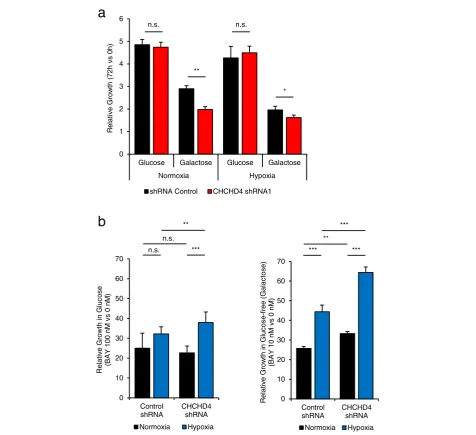 Fig. 5 CHCHD4 loss reduces tumour cell sensitivity to CI inhibitors. a Graph shows relative growth of U2OS cells stably expressing shRNA controlor CHCHD4 shRNA (CHCHD4 shRNA1) cultured in normoxia or hypoxia in either glucose or glucose-free (galactose) co