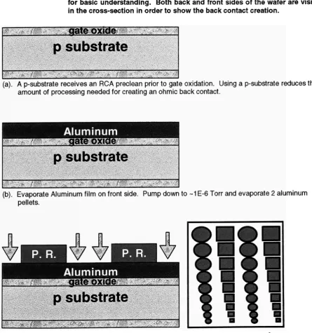 Figure 59(a). - (g).: Standard MOS Capacitor Process Flow Diagram: The diagrams below showthe cross sectional view of MOS capacitors being fabricated on a wafer.Thickness and dimensions are not drawn to scale; they are distorted to allowfor basic understanding.Both back and front sides of the wafer are visiblein the cross-section in order to show the back contact creation.