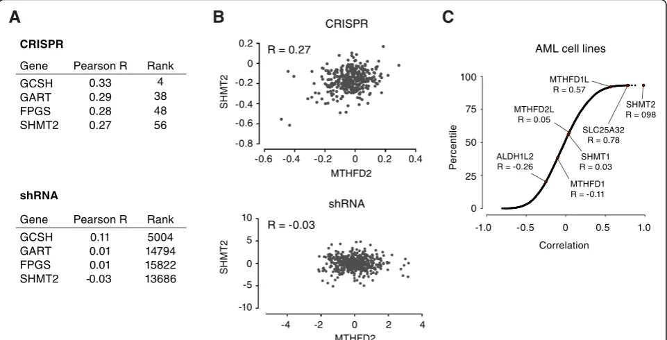 Fig. 6 Comparison of consequences of CRISPR knockout and RNAi knockdown of MTHFD2.using shRNA and CRISPR in Achilles project