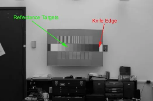 Figure 3: Camera target (reflectance patches and knife edge)