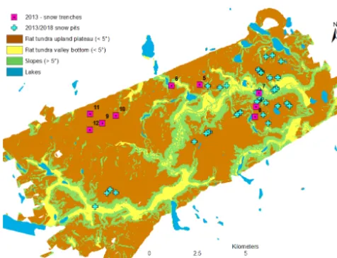 Figure 1. Locations of snow trenches excavated in April 2013 areindicated by the pink squares