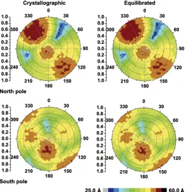 Figure III - 5. Polar projection of the surface distance from the centre of a randomly chosen grain of the Cu nano-polycrystalline microstructure (north (top) and south (bottom) poles), for the Crystallographic and the AF equilibrated models (left and righ