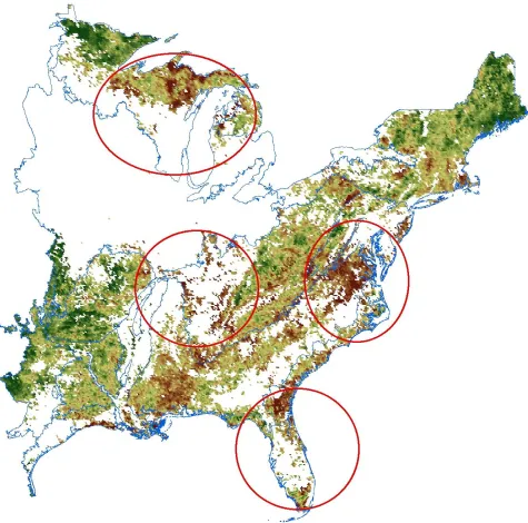 Figure 1. Slope of the time-based (2000-2010) EVI regression in natural ecosystem areas of the eastern US region