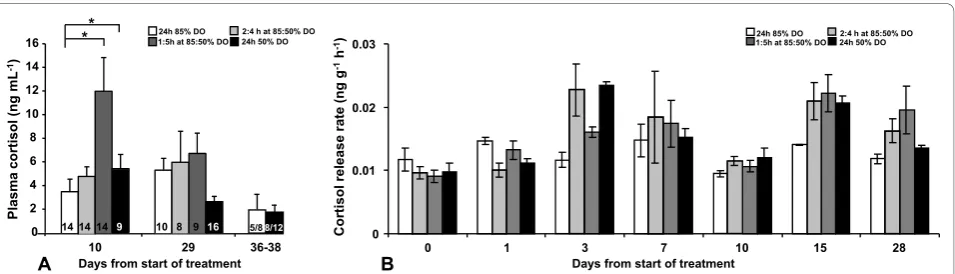 Figure 2 Plasma cortisol and cortisol release rate after fixed and cyclic, low DO levels at high temperature (Experiment 2)