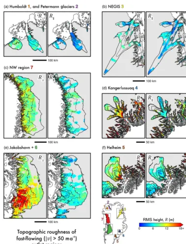 Figure 9. Local subsets of R⊥ and R∥ in fast-ﬂowing outlet glacier regions. Interpolated R⊥ and R∥ (as Fig