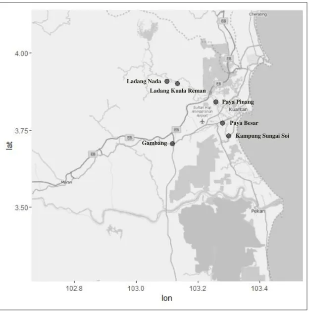 Figure 1: Location of the six selected rainfall stations in Kuantan River Basin 