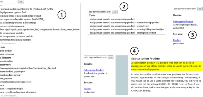 Fig. 2. Screenshots of the interface. (1) Auto-complete, (2) query refinement, (3) results, (4) one result