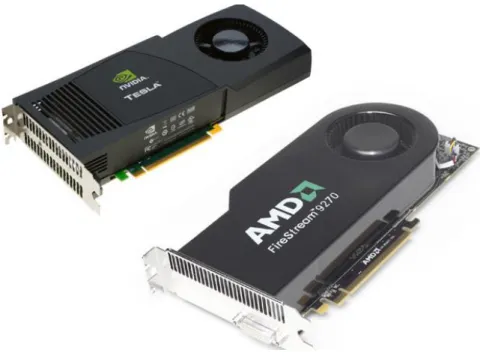 Figure 4: High performance GPUs NVIDIA’s Tesla (left) and AMD’s FireStream (right) [77]  
