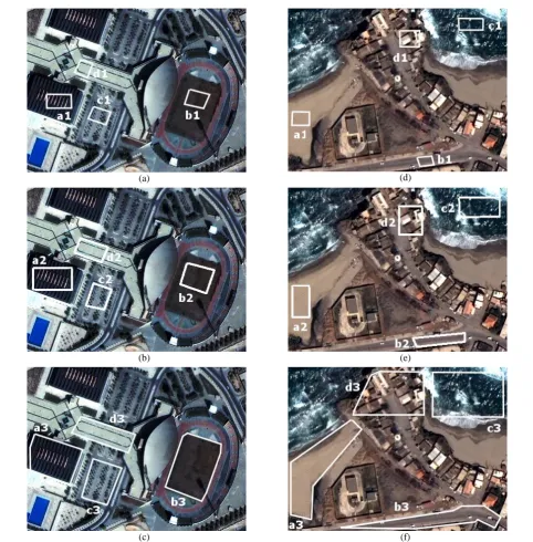 Figure 3.5. Riyadh (left) and Boumerdes (right) images with masks of increasing dimension (from top to bottom)