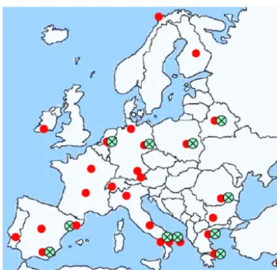 Figure 13. Map of the EARLINET stations (red dots). Green dotsindicate the stations where LIRIC program package has been im-plemented.