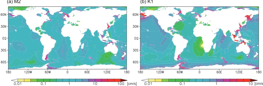 Fig. 7. Speed of the barotropic tidal currents |utof (a) M2 tide and |u| (b)t K1 tide averaged over 100 h from 20:00 on day 6 to 24:00 on daylt| of (a) M2 tide and (b) K1 tide averaged over 100−1Fig