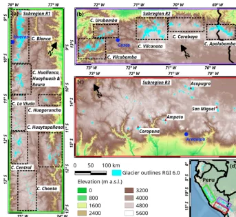 Figure 1. General maps of study region. PanelsR1: northern wet outer tropics;of Peru. Coloured rectangles indicate the locations of the subregions (same frame colours)