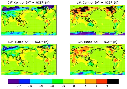 Fig. 4.Fig. 4. Model SAT errors (degrees Kelvin), before and after tuning. Model SAT errors (degrees Kelvin), before and after tuning.