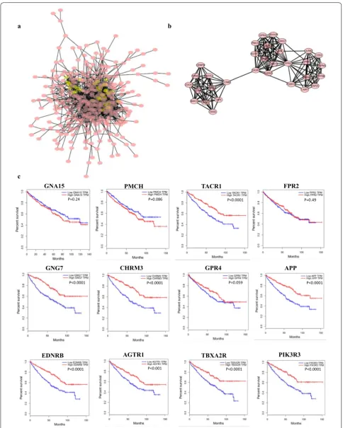 Fig. 6 Protein–protein interaction network of co-expression gene (Top500). Protein–protein interaction (PPI) network (a) and MCODE analysis (b) indicating the hub genes GNG7, PIK3R3, TBXA2R, GPR4, FPR2, TACR1, PMCH, EDNRB, APP, AGTR1, GNA15, and CHRM3 were