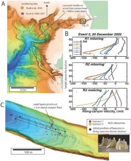 Figure 2. (A) Field observations from Monterey Canyon offshore California, which is an example of a 