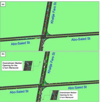 Figure 4. Simulated Study Area in SimTraffic: (A) Before Access Management, (B) After Access Management