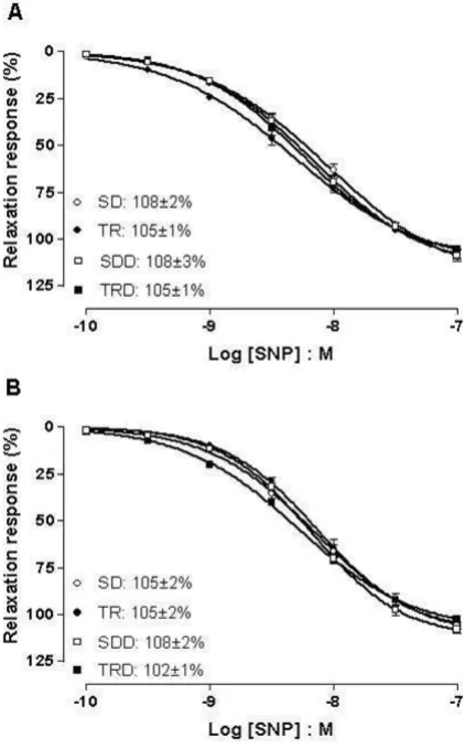 Figure 4mesenteric (B) rings5–6 in each group. SD: sedentary, TR: trained, SDD: seden-Concentration response curves to SNP in aortic (A) and Concentration response curves to SNP in aortic (A) and mesenteric (B) rings