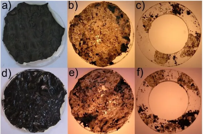 Figure 3 Biodegradation of egg-based cathode on natural rubber. Without lanolin layer: a) before composting,