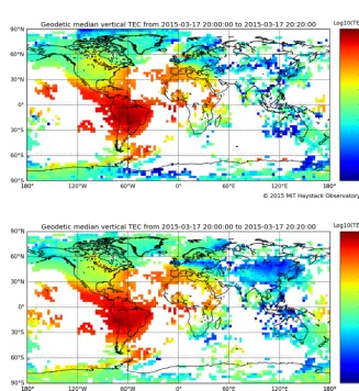 Figure 6. Global TEC map produced using two different methods for the St. Patrick’s Day storm on 17 March 2015