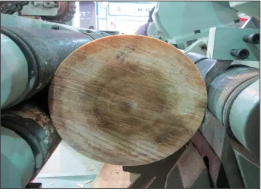 Figure 2.2.  A small-diameter hardwood log being peeled with a spindleless lathe.  