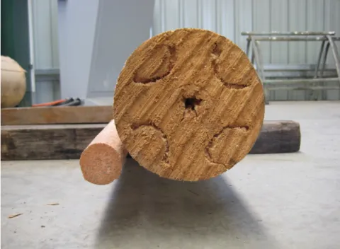 Figure 3.8. A 45 mm peeler core (left) produced from a spindleless veneer lathe compared  with a 130 mm peeler core produced from a standard, commercial spindled lathe