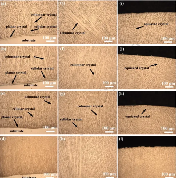 Fig. 4. The optical microscopy image of coatings: (a), (b) and (c) bonding zones, (e), (f) and (g) centre 