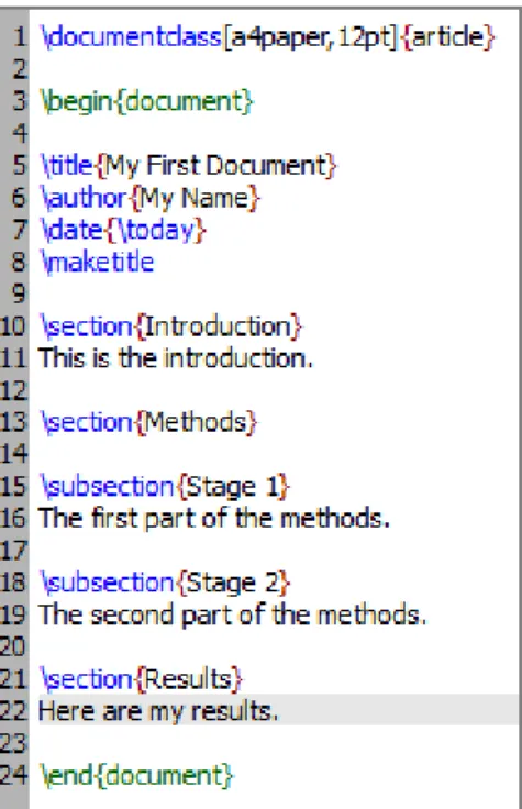 Figure 2.2: TeXworks screenshot of document with sections.
