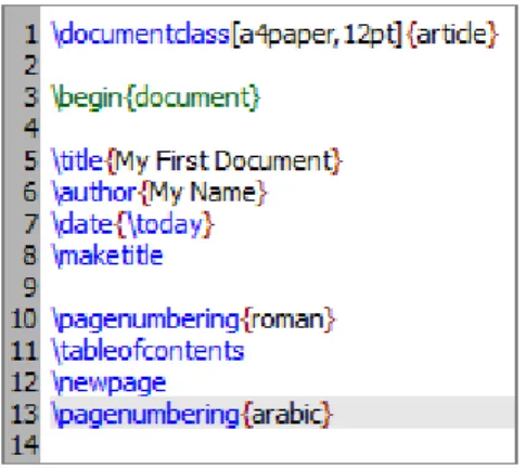 Figure 2.4: TeXworks screenshot of document showing table of contents com- com-mand.