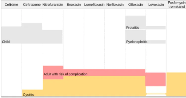 Figure 1. Interactive rainbow boxes for supporting antibiotic prescription decision. The available drugs for urinary infections are shown in columns.
