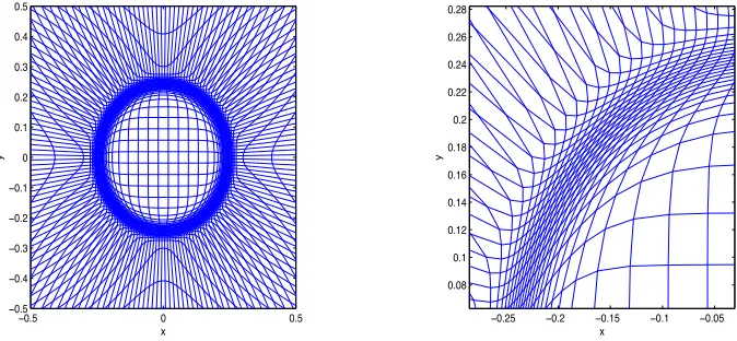 Fig. 4.2.equation whenA mesh generated from a radially symmetric solution of the Monge-Ampere α1 = 10, α2 = 200, θ = 1.4 and a = 0.25 (left)